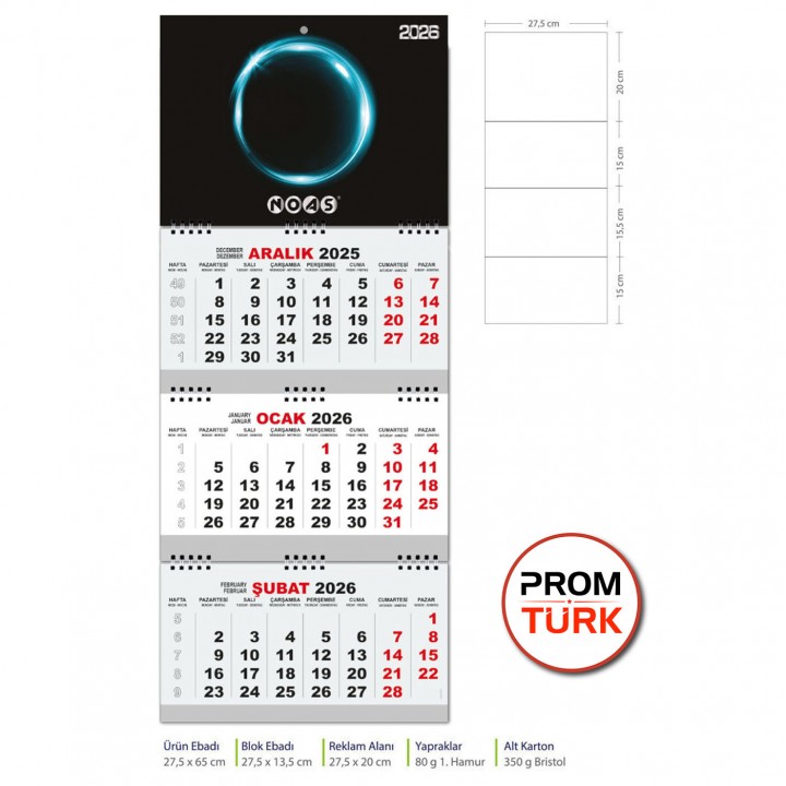 Promosyon Gemici Takvimi 3 Parça Spiralli 27,5x65 cm